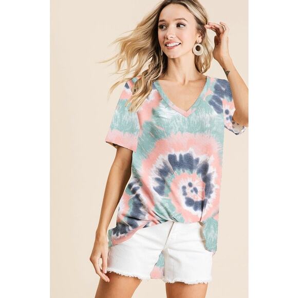 BiBi Pink Blue Tie Dye Print Terry V Neck Short Sleeve Casual Top - Picture 1 of 4